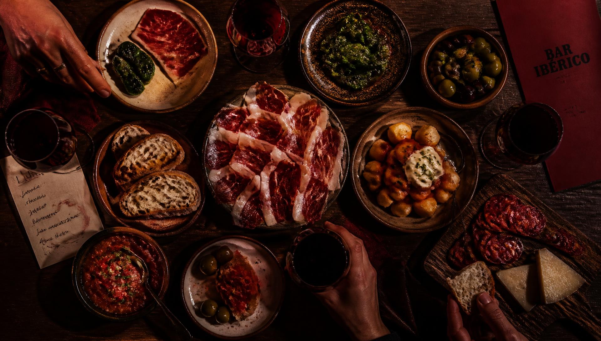 A shared tapas spread of jamón, patatas bravas, olives and red wine on a dark table